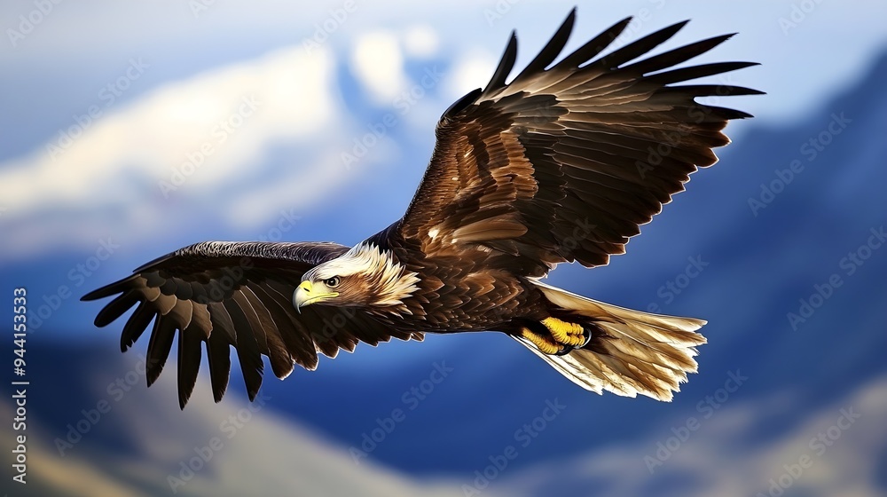 Obraz premium A majestic eagle soaring gracefully against a clear blue sky, capturing the essence of freedom