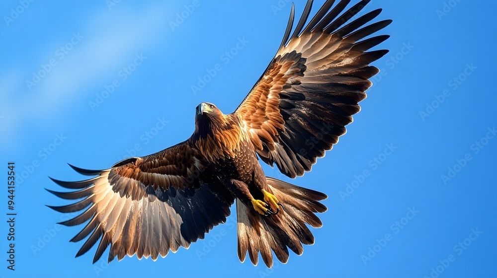 Obraz premium A majestic eagle soaring gracefully against a clear blue sky, capturing the essence of freedom