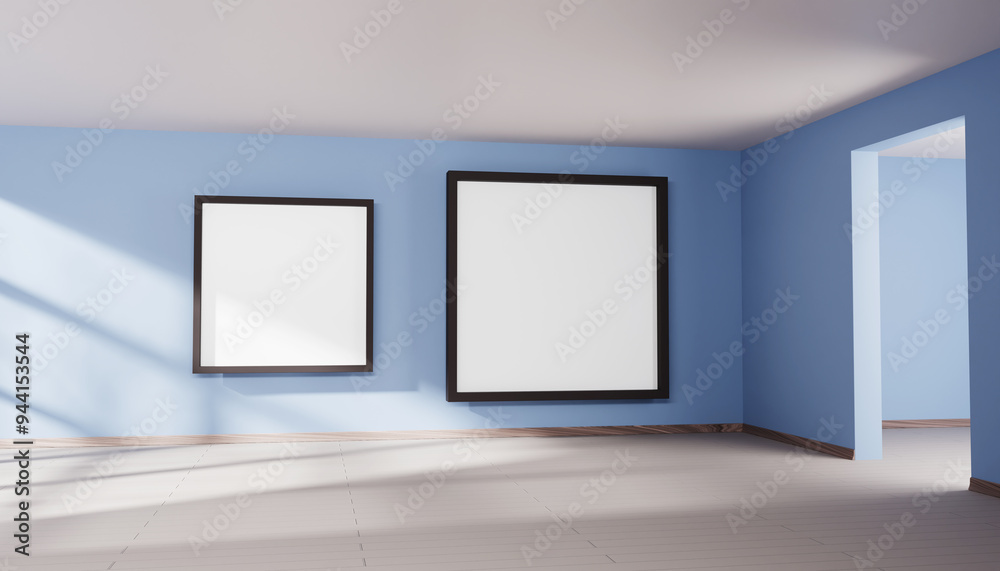3d empty room corner with doorway and blank poster on light blue wall render. Interior of home, gallery or museum with white picture in black frames. Template for artwork exhibition. 3D illustration 3d empty room corner with doorway and blank poster on light blue wall render. Interior of home, gallery or museum with white picture in black frames. Template for artwork exhibition. 3D illustration
