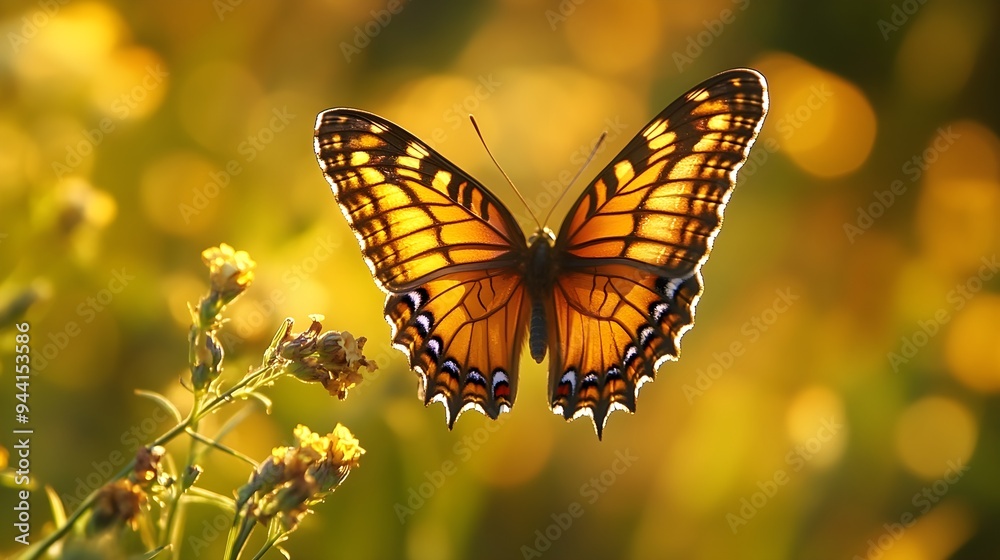 Fototapeta premium A vibrant butterfly fluttering through a sunlit meadow, showcasing intricate patterns on its wings