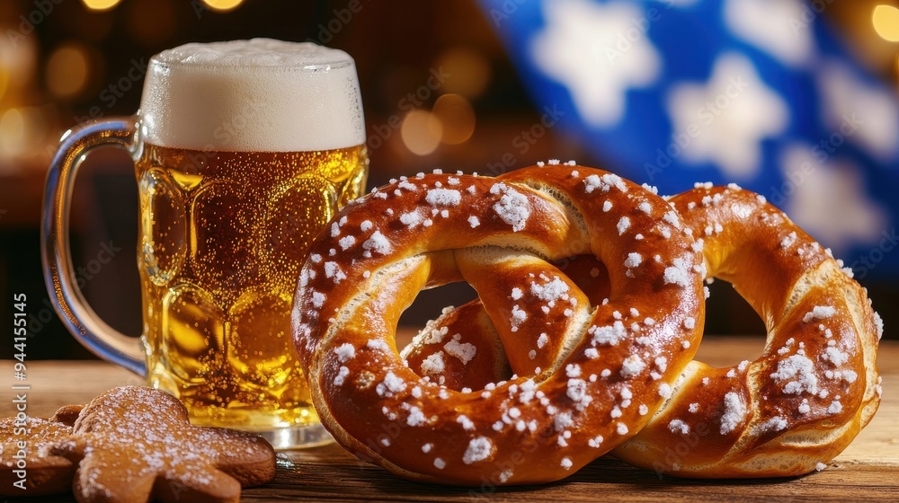 A close-up shot of a traditional Bavarian pretzel, freshly baked and golden brown, with large grains of salt glistening on the surface, placed on a wooden table alongside a frothy beer mug and a A close-up shot of a traditional Bavarian pretzel, freshly baked and golden brown, with large grains of salt glistening on the surface, placed on a wooden table alongside a frothy beer mug and a
