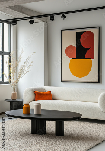 Minimalist Living Room with Black Frame and Boucle Sofa in Memphis Style
