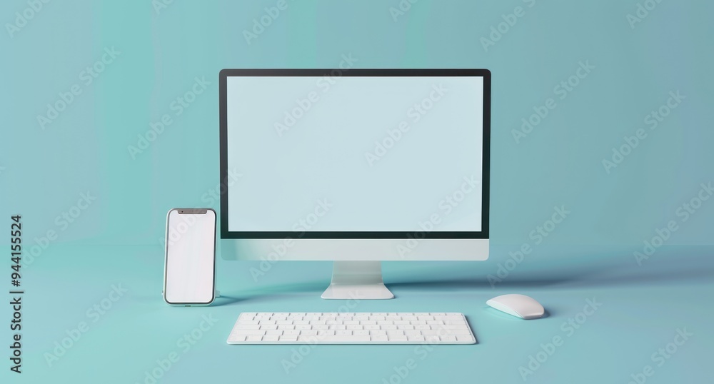 Desktop Computer and Phone Mockup on Blue Background Desktop Computer and Phone Mockup on Blue Background