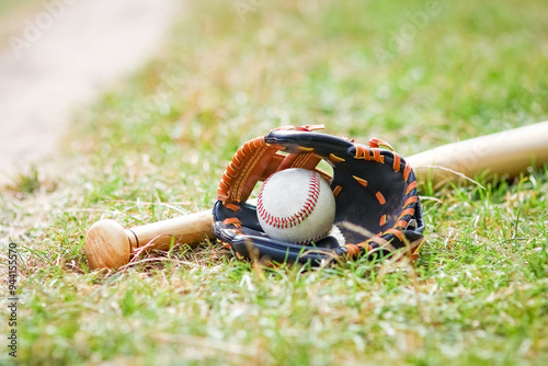 Canvastavla A baseball bat concept with ball outdoors in the park on the field