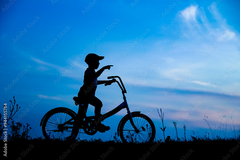 Obraz premium A Happy child and bike concept in park outdoors silhouette