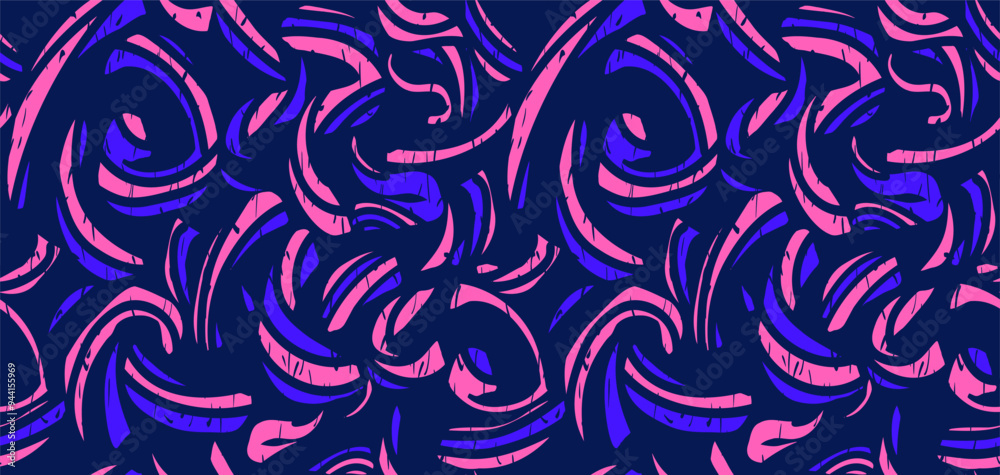 Abstract organic shapes seamless pattern on a black background. Vector hand drawing blue and pink curved shape and bold wavy lines. Colorful contemporary minimalist print. Plain dynamic ornament Abstract organic shapes seamless pattern on a black background. Vector hand drawing blue and pink curved shape and bold wavy lines. Colorful contemporary minimalist print. Plain dynamic ornament