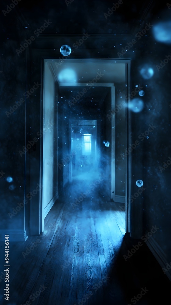 A dimly lit room with spectral orbs appearing in the air, suggesting paranormal activity, with a blurred background for emphasis