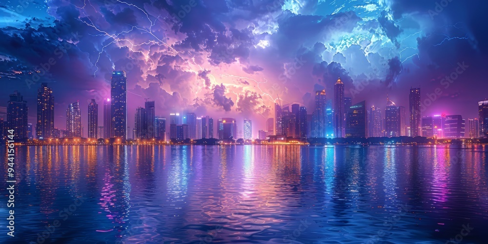 Cityscape with Dramatic Lightning Storm