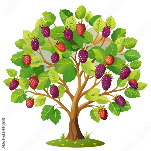 A tree laden with ripe purple and red berries