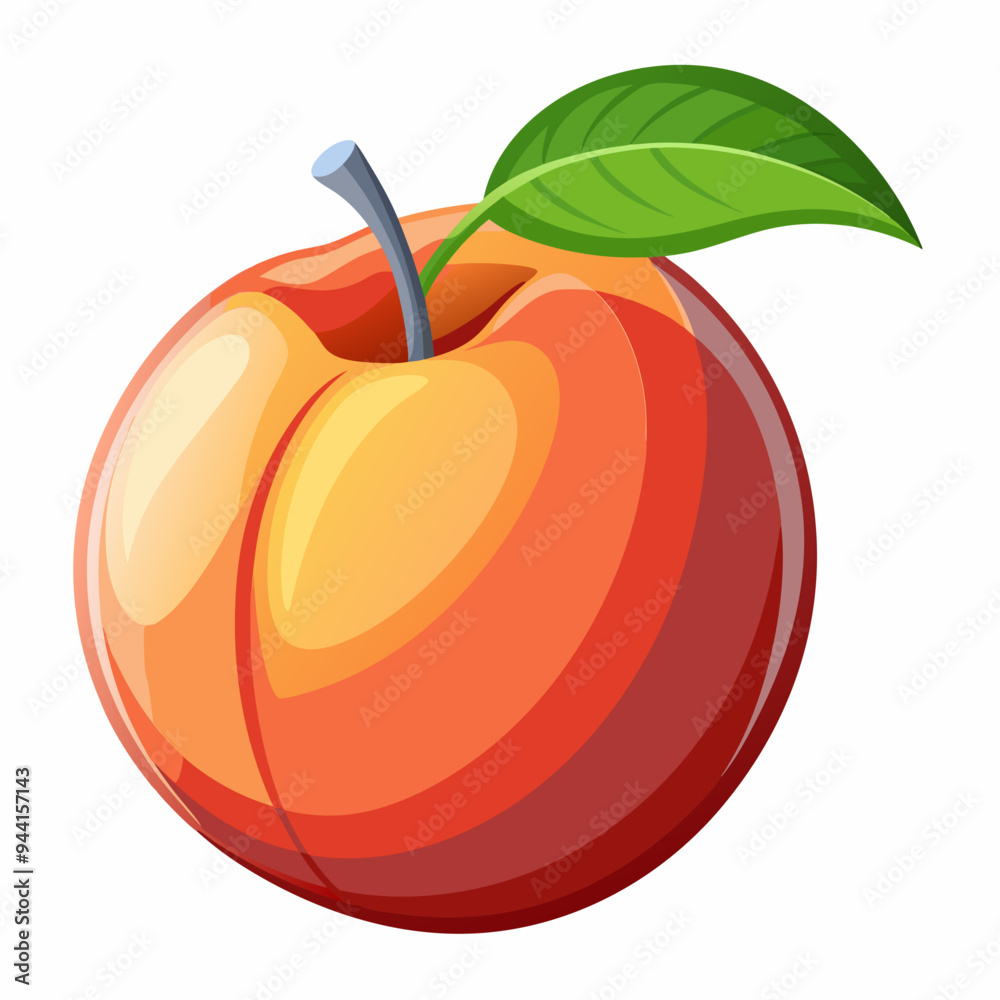 Cartoon Illustration of a Ripe Peach with a Green Leaf Cartoon Illustration of a Ripe Peach with a Green Leaf