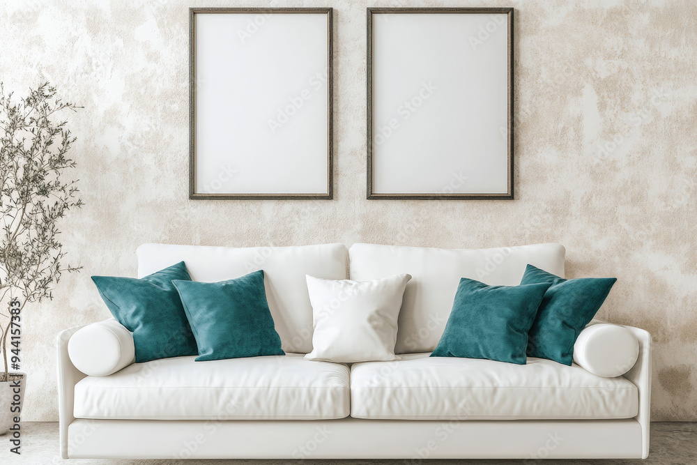 White sofa with teal pillows against beige stucco wall with two frames. Minimalist interior design of modern living room. Poster Mockup White sofa with teal pillows against beige stucco wall with two frames. Minimalist interior design of modern living room. Poster Mockup
