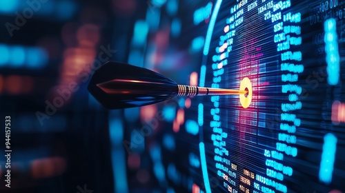 Darts on trading board, augmented reality, perfect bullseye, advanced financial planning, futuristic concept