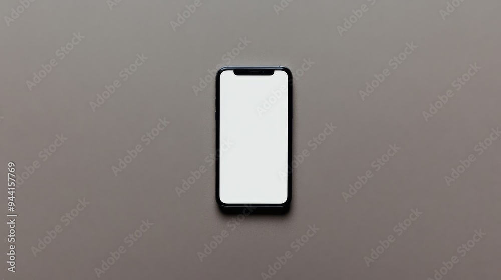 High-angle view of a phone with a blank screen on a flat, plain background, emphasizing the device's design High-angle view of a phone with a blank screen on a flat, plain background, emphasizing the device's design