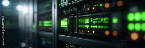 Close-up view of a server rack in a data center with green indicator lights showing active status of systems. photo