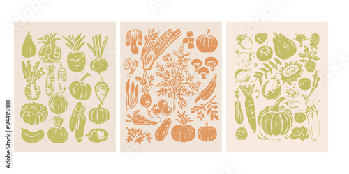 Set of Hand drawn linocut style vegetables posters. Grunge illustration of different vegetables. Vector background