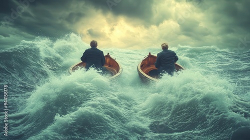 Two men in rowboats face each other in a stormy sea photo