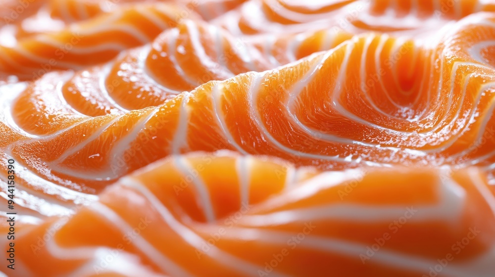 A vivid 3D close-up of salmon sashimi, emphasizing its fine texture and rich color, set against a crisp white background, no people. A vivid 3D close-up of salmon sashimi, emphasizing its fine texture and rich color, set against a crisp white background, no people.