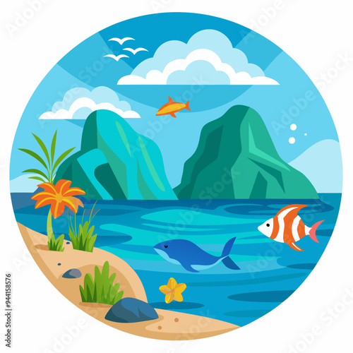 Coastal Landscape with Green Mountains and Ocean Wildlife