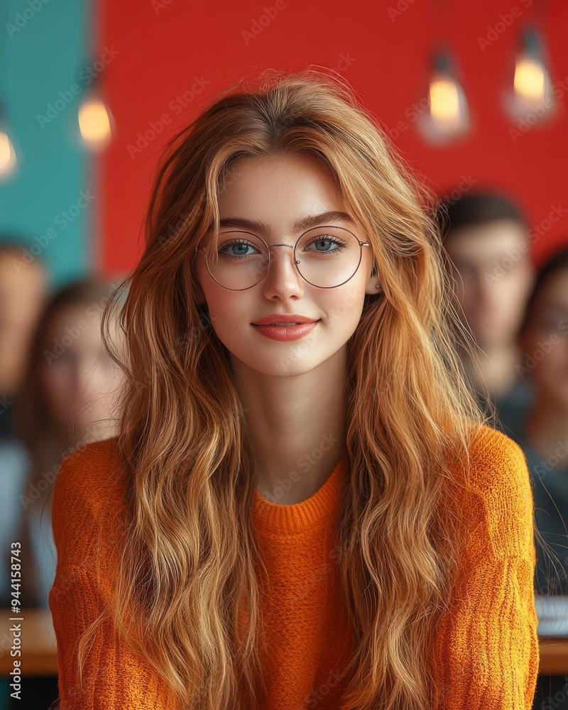 A young woman with long wavy hair and glasses smiles softly at the camera A young woman with long wavy hair and glasses smiles softly at the camera