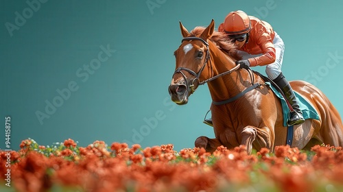 A jockey leans forward urging their horse to victory in a field of blooming flowers