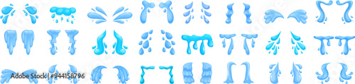 Tear streams icons set. Different shapes formed by a blue liquid, splashing water effects for animation
