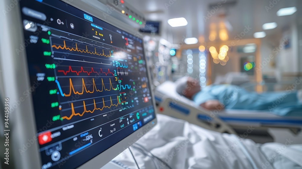 A hospital monitor displays vital signs while a patient rests in bed, receiving care from healthcare staff in a well-lit medical facility during afternoon hours A hospital monitor displays vital signs while a patient rests in bed, receiving care from healthcare staff in a well-lit medical facility during afternoon hours