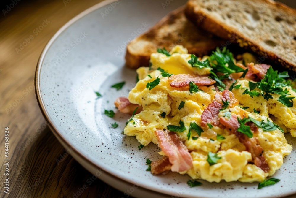 Scrambled eggs with bacon and herbs on a plate, with toasting bread nearby-gigapixel-hq-scale-6_00x Scrambled eggs with bacon and herbs on a plate, with toasting bread nearby-gigapixel-hq-scale-6_00x