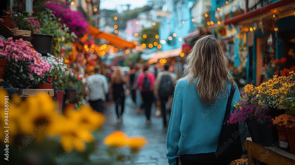 Woman walking through a bustling pedestrian street lined with flowers and shops Woman walking through a bustling pedestrian street lined with flowers and shops
