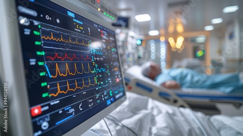 A hospital monitor displays vital signs while a patient rests in bed, receiving care from healthcare staff in a well-lit medical facility during afternoon hours