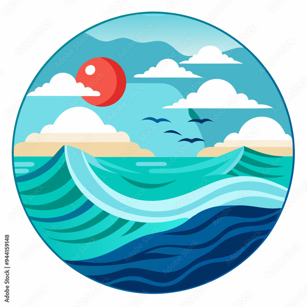 Fototapeta premium Ocean Waves with Sunset and Clouds in a Circular Design
