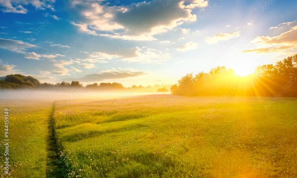 Morning light bathes a dewy meadow, mist hovering over wildflowers, inviting a new day Morning light bathes a dewy meadow, mist hovering over wildflowers, inviting a new day
