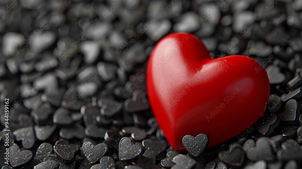 Red heart, matte, on the background of small hearts, in black style, without blurring Red heart, matte, on the background of small hearts, in black style, without blurring