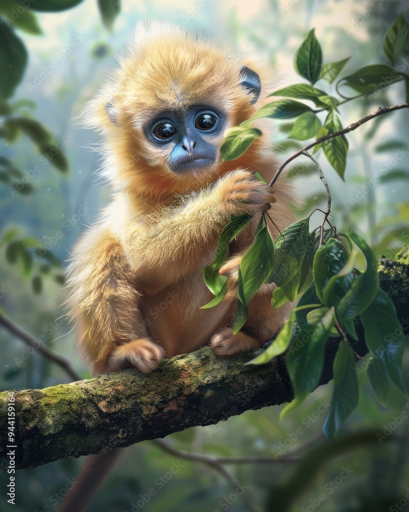 a young, cute Golden snub-nosed monkey playing with a leaf on a tree branch a young, cute Golden snub-nosed monkey playing with a leaf on a tree branch