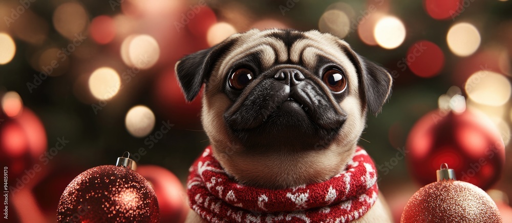 3D rendering of a pug in holiday decor celebrating the festive spirit 3D rendering of a pug in holiday decor celebrating the festive spirit