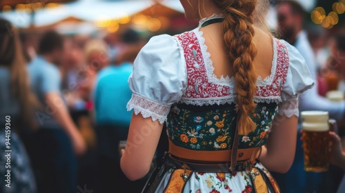 A detailed shot of a traditional Bavarian dirndl, showcasing the intricate embroidery and vibrant colors, with the background of a bustling beer tent filled with joyful people, beer mugs, and festive