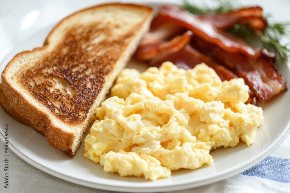 Scrambled eggs with bacon and toast on a white plate, close-up view-gigapixel-hq-scale-6_00x Scrambled eggs with bacon and toast on a white plate, close-up view-gigapixel-hq-scale-6_00x