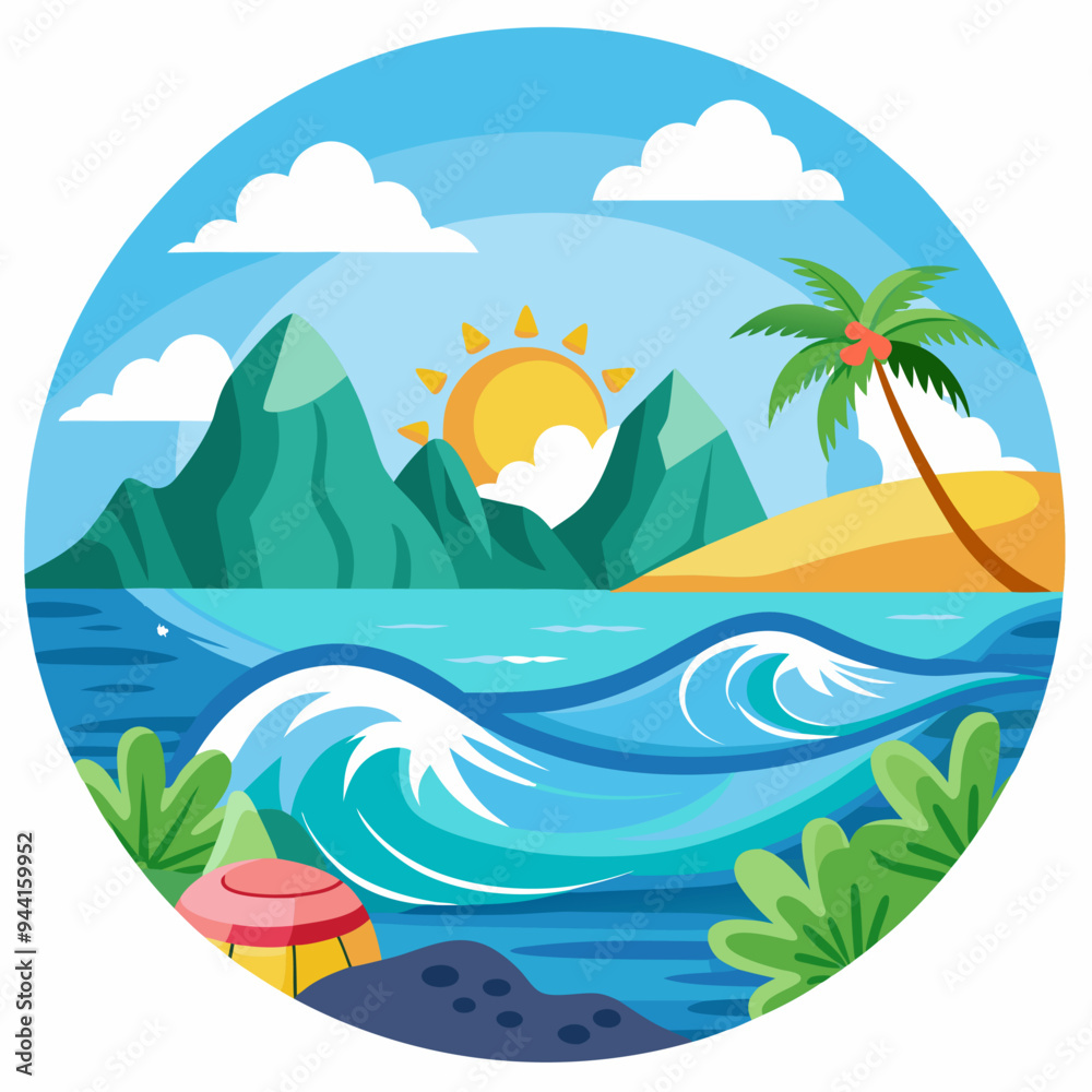 Obraz premium A Tropical Beach Scene with Mountains, Palm Tree, and Waves
