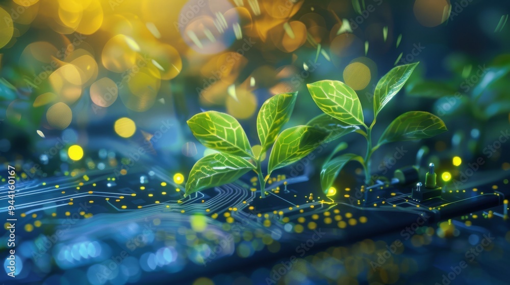 Luminous plants on electronic chips, blurred circuit board Luminous plants on electronic chips, blurred circuit board