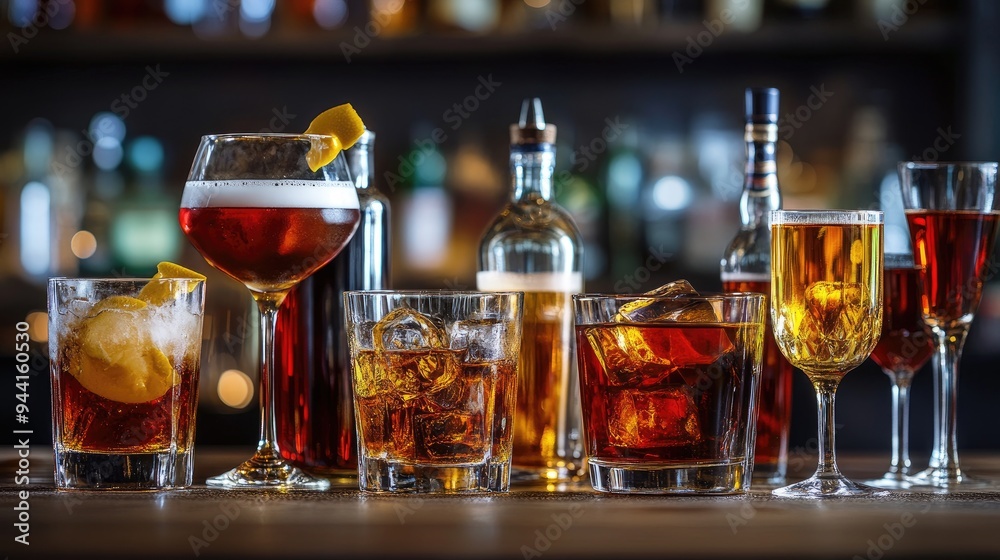 Assortment of hard strong alcoholic drinks and spirits in glasses on bar counter Assortment of hard strong alcoholic drinks and spirits in glasses on bar counter