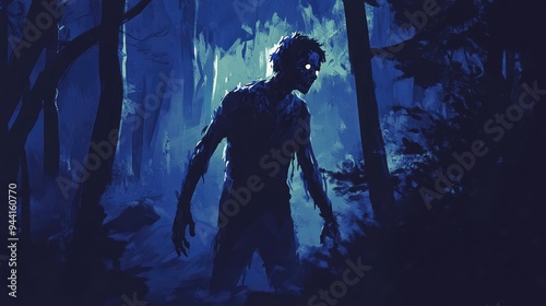 A zombie stands inert in a haunted forest at night, with shadows dancing across its figure.