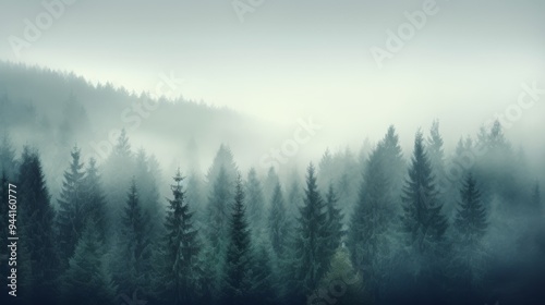 Misty fir forest landscape, vintage retro vibe, soft light, cool color palette, ample copy space