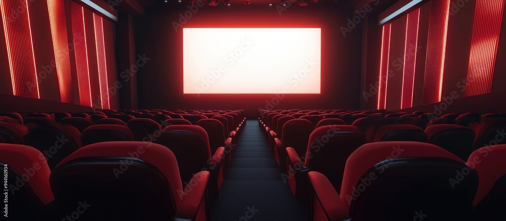 Fototapeta premium 3D rendering of cinema theater seats facing a large screen illustrating a movie concept