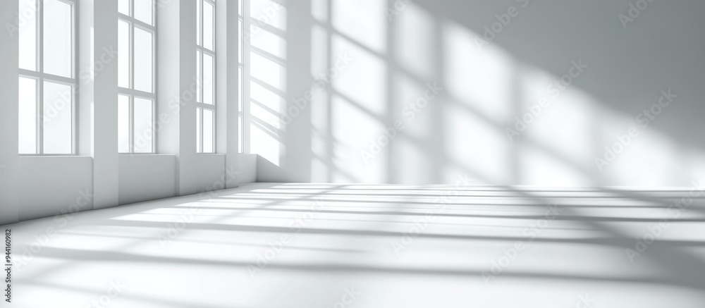 3D rendering of an abstract white studio background for product presentation featuring an empty room with window shadows and a blurred backdrop 3D rendering of an abstract white studio background for product presentation featuring an empty room with window shadows and a blurred backdrop