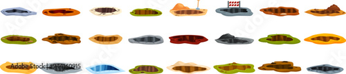 Hole ground icons set. Collection of various holes in the ground, representing construction, mining, or landscaping