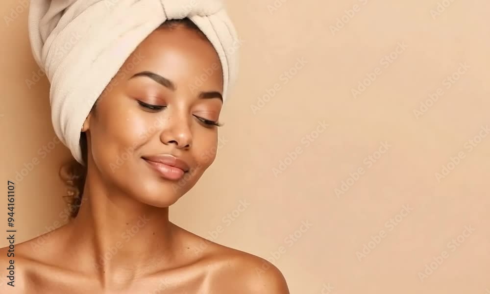Serene Beauty with Flawless Skin and Turban Towel on mocha Background Serene Beauty with Flawless Skin and Turban Towel on mocha Background