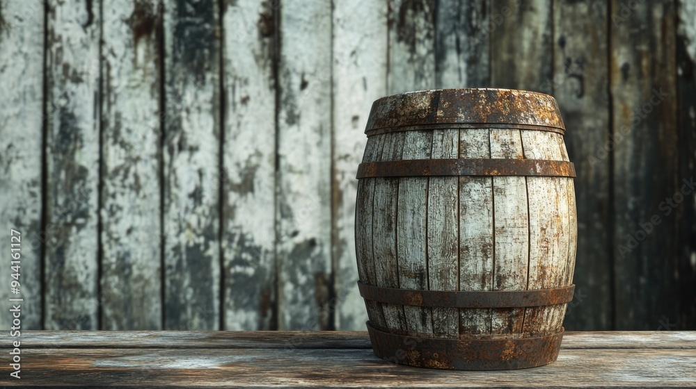 3D rendering of a barrel on a weathered wooden table background 3D rendering of a barrel on a weathered wooden table background
