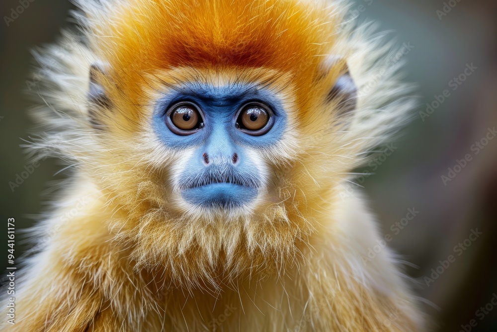 a Golden snub-nosed monkey, its blue face framed by thick, fluffy golden fur a Golden snub-nosed monkey, its blue face framed by thick, fluffy golden fur