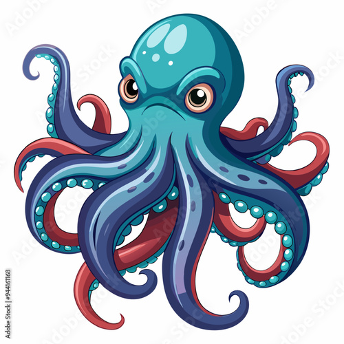 Cartoon Octopus with Eight Tentacles and Angry Expression