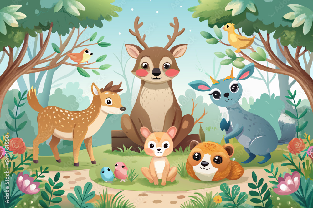 Naklejka premium Woodland cartoon Animals watercolor illustration template. Pre made frame for baby shower, birthday invitation kids baby deer, fox in the forest. Cute bear, rabbit and birds 