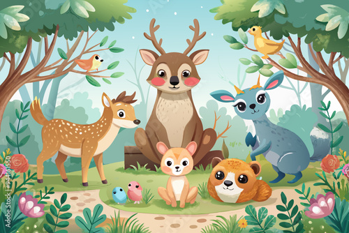 Woodland cartoon Animals watercolor illustration template. Pre made frame for baby shower, birthday invitation kids baby deer, fox in the forest. Cute bear, rabbit and birds
